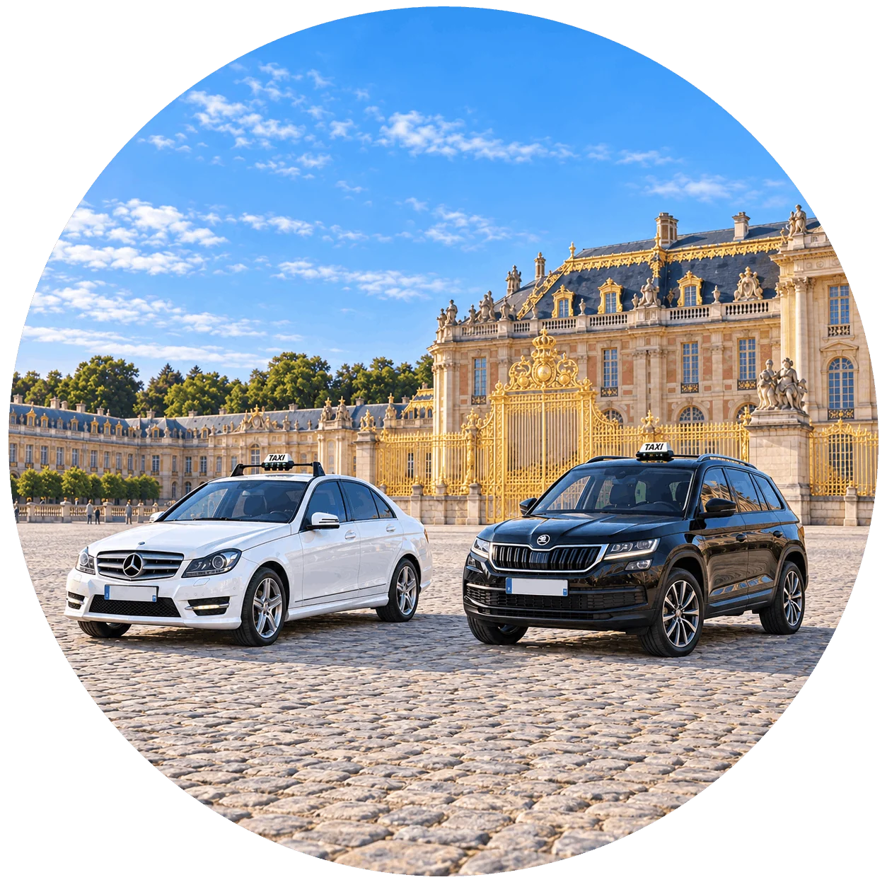 Deux taxis, une berline blanche et un SUV noir, devant le Château de Versailles.